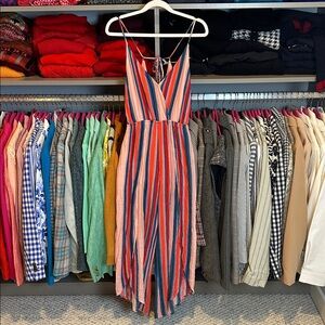 Illa Illa pink/blue striped adjustable strap lined curved hem jumpsuit size S